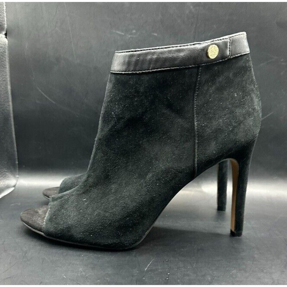 Vince Camuto Heeled Booties Womens 8.5 M Keely Black Suede Leather Open Toe
